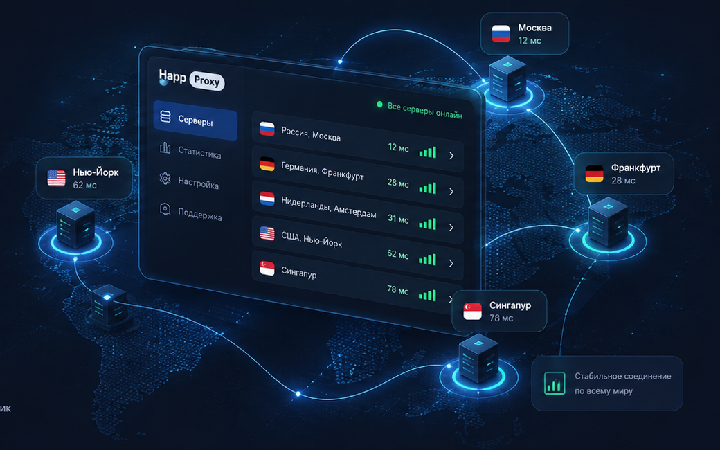 Панель Happ Proxy со списком серверов и картой подключений
